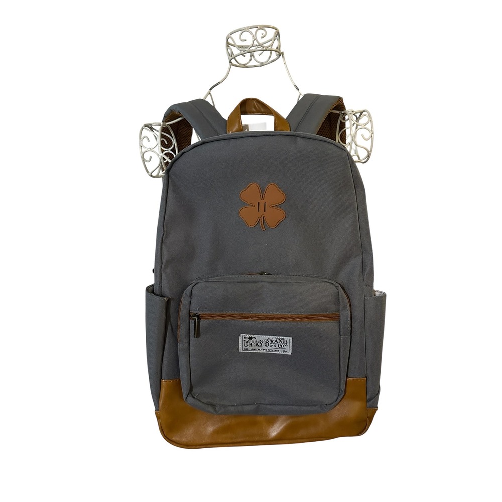 NWT Lucky Brand Grey Canvas Backpack with Brown Faux Leather Trim with Logo